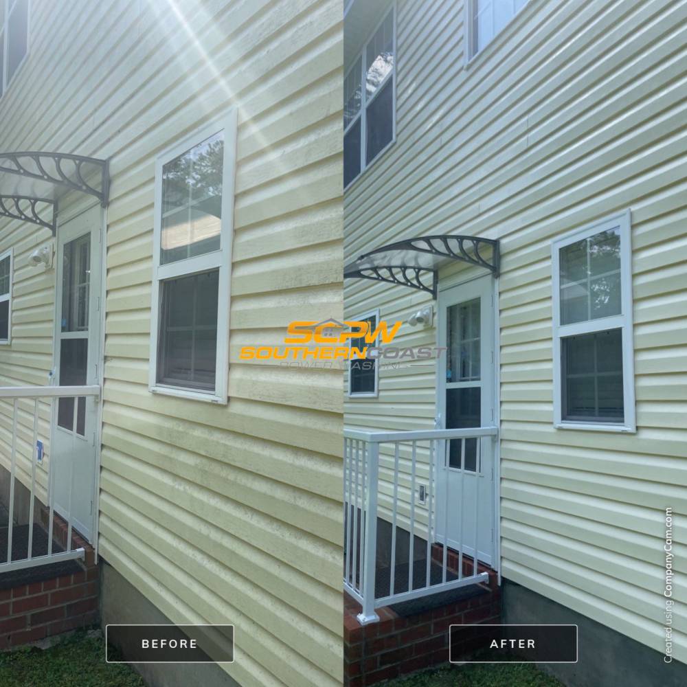before and after clean siding on yellow house